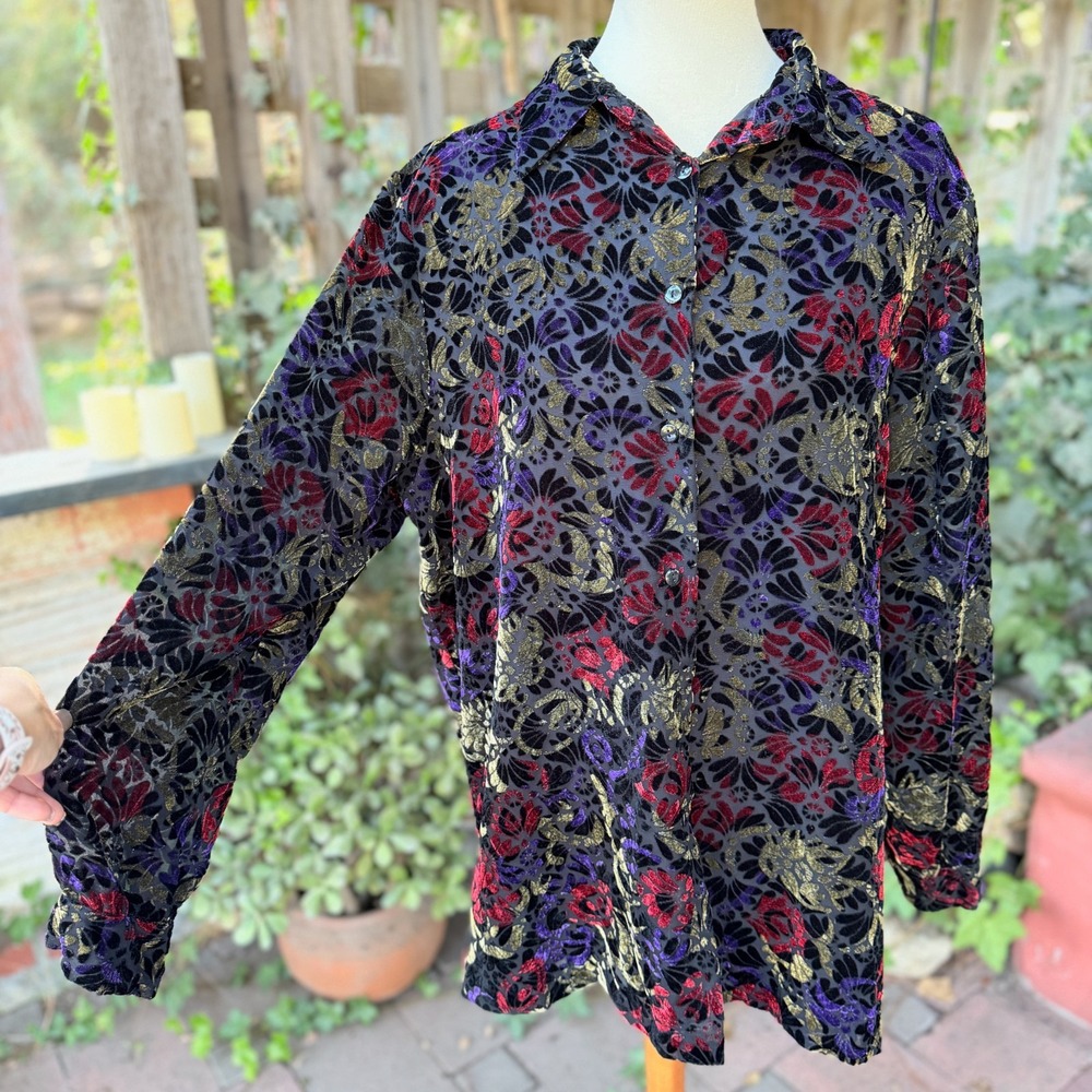 Vintage Anne Carson Womens Velvet Burnout Button Down Blouse XL Sheer Sleeves